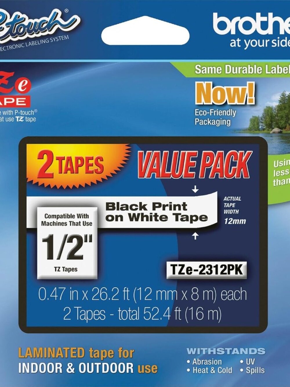 Genuine P-Touch, TZe-231 2 Pack Tape ½”0.47” x 26.2 ft. 8m Laminated P-Touch Tap